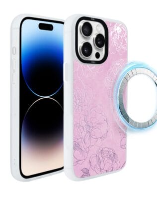 Etui do iPhone 14 Pro IBIZU DropGuard Matt z MagSafe, Relief Garden, Różowe piwonie, białe