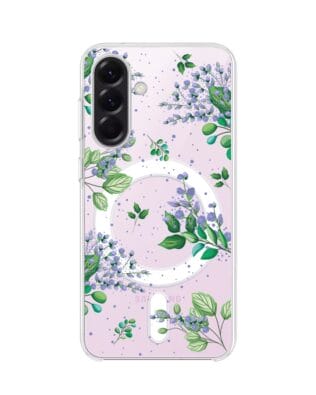 Etui do Samsung Galaxy A57 z MagSafe przeźroczyste, silikonowe Flexi, fioletowe kwiatki