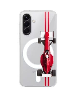 Etui do Samsung Galaxy A57 z MagSafe przeźroczyste, silikonowe Flexi, Szybkie Auta, czerwone F1