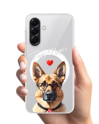 Etui do Samsung Galaxy A57 z MagSafe przeźroczyste, silikonowe Flexi, Puppy Love, pies rasy Owczarek Niemiecki