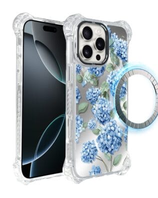 Etui do iPhone 16 Pro IBIZU DropGuard Ultra z MagSafe, Relief Garden, Szafirowa hortensja