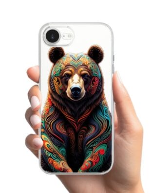 Etui do iPhone 17e przeźroczyste, silikonowe Flexi, Dzika Mandala, Niedźwiedź