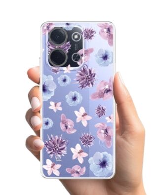 Etui do Xiaomi POCO C85 przeźroczyste, silikonowe Flexi, kwiatki niebieskie, fioletowe