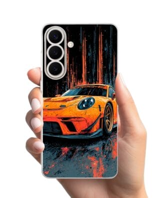 Etui do Samsung Galaxy S26 przeźroczyste, silikonowe Flexi, Szybkie Auta, Pomarańczowa 911