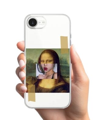 Etui do iPhone 17e przeźroczyste, silikonowe Flexi, Mona Lisa z lizakiem