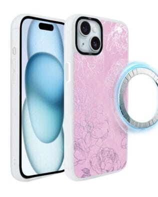 Etui do iPhone 15 Plus IBIZU DropGuard Matt z MagSafe, Relief Garden, Różowe piwonie, białe