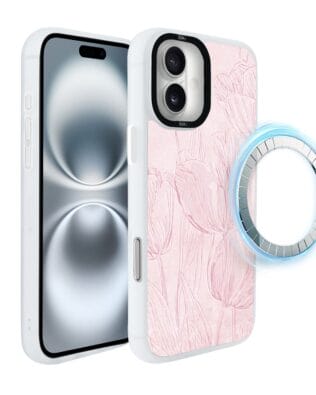 Etui do iPhone 16 IBIZU DropGuard Matt z MagSafe, Relief Garden, Tulipanowy fresk, białe