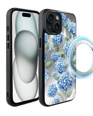 Etui do iPhone 15 IBIZU DropGuard Matt z MagSafe, Relief Garden, Szafirowa hortensja