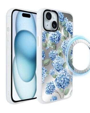 Etui do iPhone 15 Plus IBIZU DropGuard Matt z MagSafe, Relief Garden, Szafirowa hortensja, białe