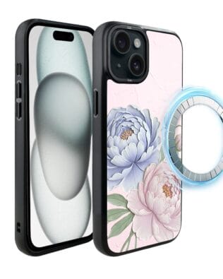 Etui do iPhone 15 Plus IBIZU DropGuard Matt z MagSafe, Relief Garden, Piwoniowy róż