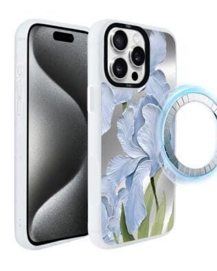 Etui do iPhone 15 Pro Max IBIZU DropGuard Matt z MagSafe, Relief Garden, Błękitny irys, białe