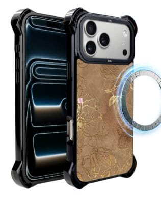 Etui do iPhone 17 Pro Max IBIZU DropGuard Ultra z MagSafe, Relief Garden, Złote piwonie