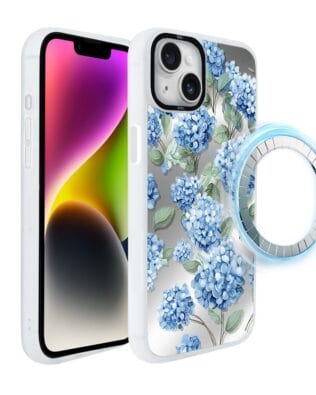 Etui do iPhone 14 Plus IBIZU DropGuard Matt z MagSafe, Relief Garden, Szafirowa hortensja, białe