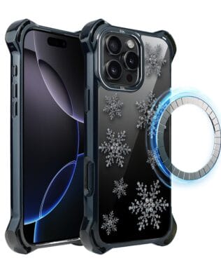 Etui do iPhone 16 Pro IBIZU DropGuard Ultra z MagSafe, Zimowa magia, Płatki śniegu na czarnym lustrze