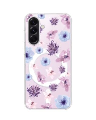 Etui do Samsung Galaxy A57 z MagSafe przeźroczyste, silikonowe Flexi, kwiatki niebieskie, fioletowe