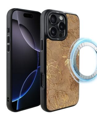 Etui do iPhone 16 Pro Max IBIZU DropGuard Matt z MagSafe, Relief Garden, Złote piwonie