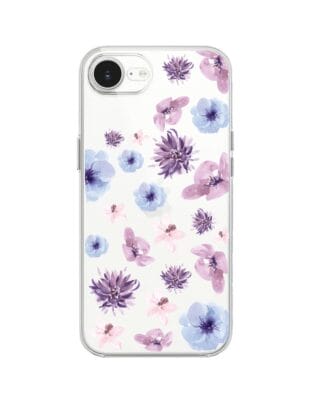 Etui do iPhone 17e przeźroczyste, silikonowe Flexi, kwiatki niebieskie, fioletowe