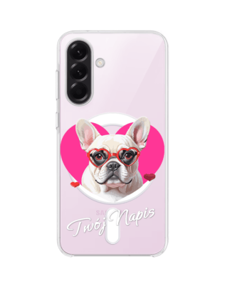 Etui do Samsung Galaxy A57 z MagSafe przeźroczyste, silikonowe Flexi, Puppy Love, pies rasy Buldog Francuski
