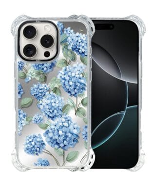 Etui do iPhone 16 Pro IBIZU DropGuard Ultra z MagSafe, Relief Garden, Szafirowa hortensja