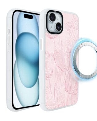 Etui do iPhone 15 Plus IBIZU DropGuard Matt z MagSafe, Relief Garden, Tulipanowy fresk, białe