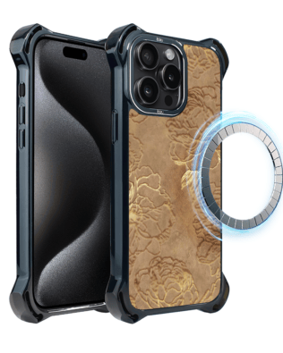 Etui do iPhone 15 Pro Max IBIZU DropGuard Ultra z MagSafe, Relief Garden, Złote piwonie