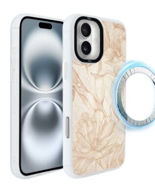 Etui do iPhone 16 Plus IBIZU DropGuard Matt z MagSafe, Relief Garden, Botaniczny biskwit, białe