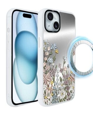 Etui do iPhone 15 IBIZU DropGuard Matt z MagSafe, Relief Garden, Wiosenna łąka, białe