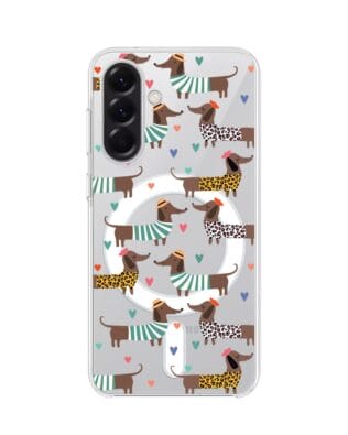 Etui do Samsung Galaxy A57 z MagSafe przeźroczyste, silikonowe Flexi, zakochane jamniki