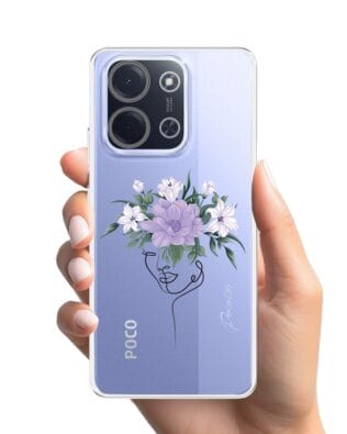 Etui do Xiaomi POCO C85 przeźroczyste, silikonowe Flexi, kobieta z Kwiatami