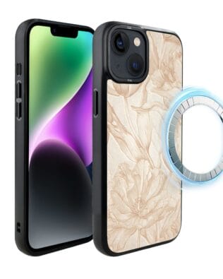 Etui do iPhone 14 IBIZU DropGuard Matt z MagSafe, Relief Garden, Botaniczny biskwit