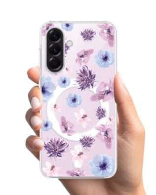 Etui do Samsung Galaxy A57 z MagSafe przeźroczyste, silikonowe Flexi, kwiatki niebieskie, fioletowe