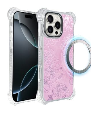 Etui do iPhone 16 Pro IBIZU DropGuard Ultra z MagSafe, Relief Garden, Różowe piwonie