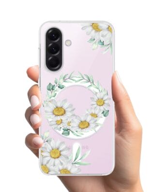 Etui do Samsung Galaxy A57 z MagSafe przeźroczyste, silikonowe Flexi, wianek stokrotek