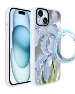 Etui do iPhone 15 IBIZU DropGuard Matt z MagSafe, Relief Garden, Błękitny irys, białe