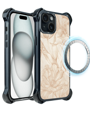 Etui do iPhone 15 IBIZU DropGuard Ultra z MagSafe, Relief Garden, Botaniczny biskwit