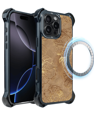 Etui do iPhone 16 Pro IBIZU DropGuard Ultra z MagSafe, Relief Garden, Złote piwonie