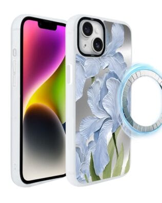 Etui do iPhone 14 Plus IBIZU DropGuard Matt z MagSafe, Relief Garden, Błękitny irys, białe