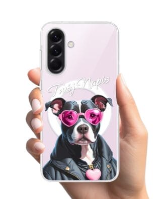 Etui do Samsung Galaxy A57 z MagSafe przeźroczyste, silikonowe Flexi, Puppy Love, pies rasy Amstaff