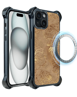 Etui do iPhone 15 IBIZU DropGuard Ultra z MagSafe, Relief Garden, Złote piwonie