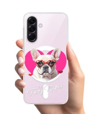 Etui do Samsung Galaxy A57 z MagSafe przeźroczyste, silikonowe Flexi, Puppy Love, pies rasy Buldog Francuski