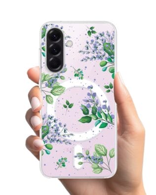 Etui do Samsung Galaxy A57 z MagSafe przeźroczyste, silikonowe Flexi, fioletowe kwiatki