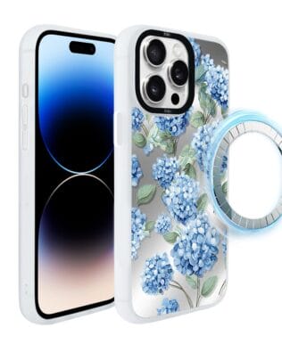 Etui do iPhone 14 Pro IBIZU DropGuard Matt z MagSafe, Relief Garden, Szafirowa hortensja, białe