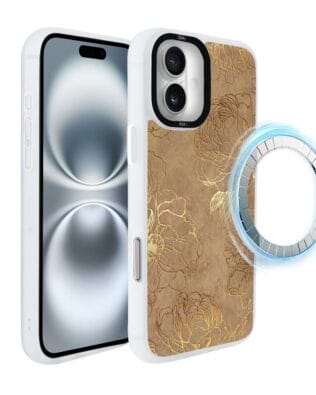 Etui do iPhone 16 IBIZU DropGuard Matt z MagSafe, Relief Garden, Złote piwonie, białe