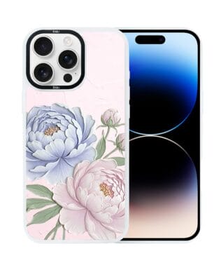 Etui do iPhone 14 Pro Max IBIZU DropGuard Matt z MagSafe, Relief Garden, Piwoniowy róż, białe