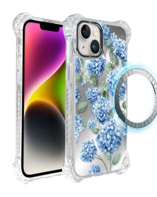 Etui do iPhone 14 Plus IBIZU DropGuard Ultra z MagSafe, Relief Garden, Szafirowa hortensja