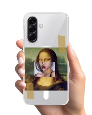 Etui do Samsung Galaxy A57 z MagSafe przeźroczyste, silikonowe Flexi, Mona Lisa z lizakiem