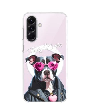 Etui do Samsung Galaxy A57 z MagSafe przeźroczyste, silikonowe Flexi, Puppy Love, pies rasy Amstaff