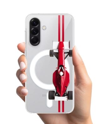 Etui do Samsung Galaxy A57 z MagSafe przeźroczyste, silikonowe Flexi, Szybkie Auta, czerwone F1