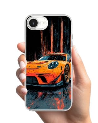 Etui do iPhone 17e przeźroczyste, silikonowe Flexi, Szybkie Auta, Pomarańczowa 911