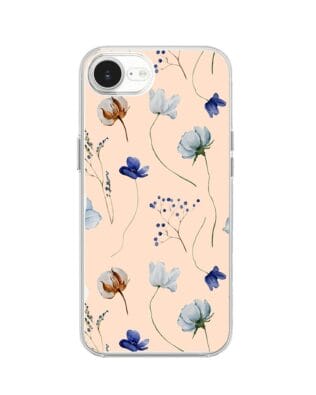 Etui do iPhone 17e przeźroczyste, silikonowe Flexi, kwiatki niebieskie na pudrowym tle